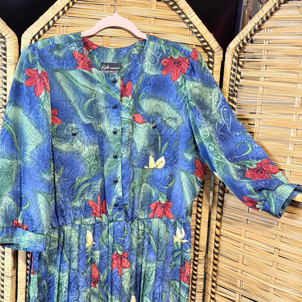 Vintage 1980s Breli originals pleated dress 16 abstract lilies union made USA - Picture 7 of 9